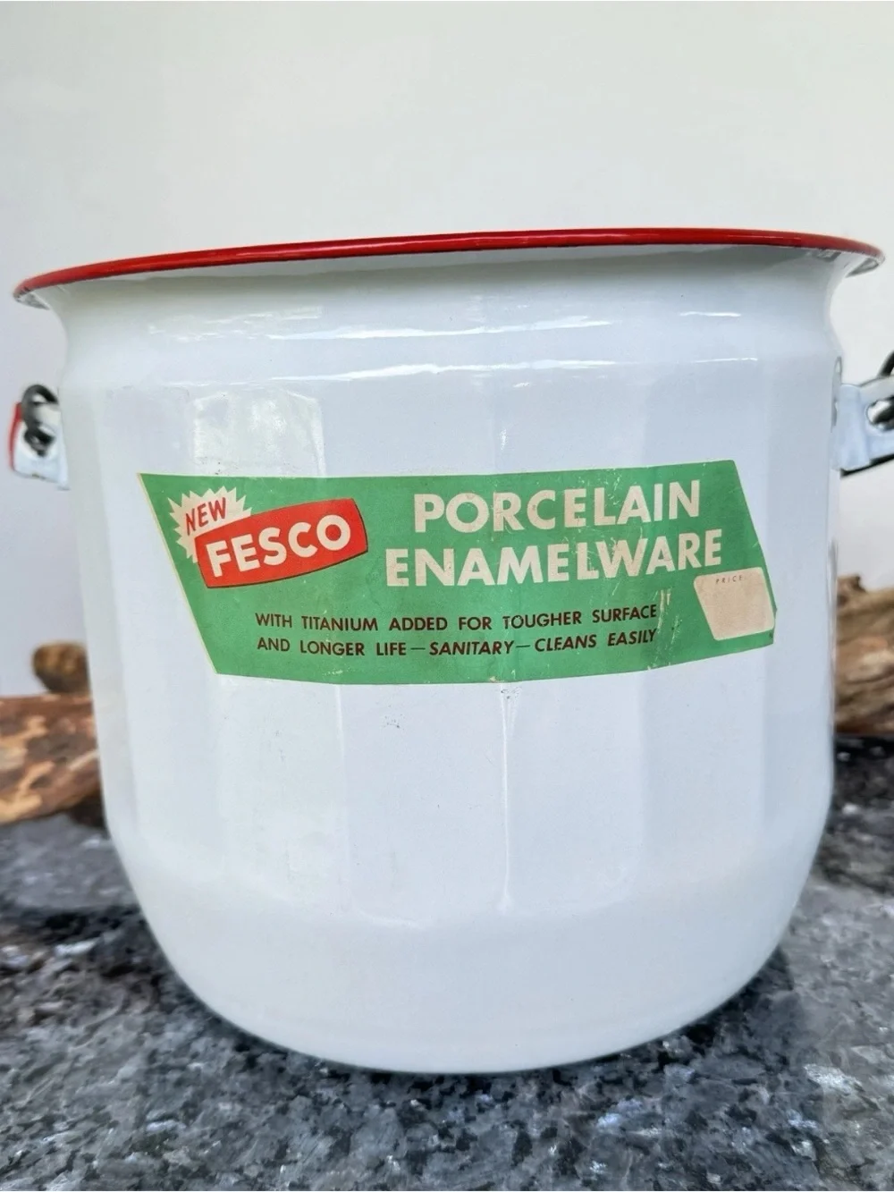 Vintage Fesco Porcelain Enamelware Pot With Wooden Handle, 8” White & Red Bucket